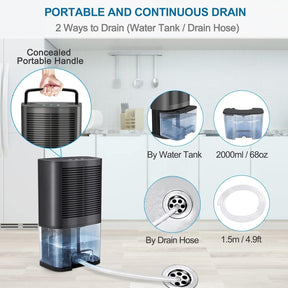 2000ML (68Oz) Dehumidifiers, 5200 Cubic Feet Small Dehumidifiers with Drain Hose for 550 Sq.Ft, Portable Ultra Quiet Air Dehumidifiers for Home Basements Bathroom Bedroom Closet RV Office