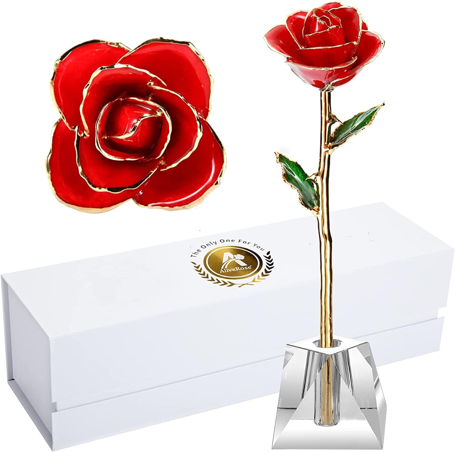 Valentines Day Gift, 24K Gold Dipped Real Rose Gift for Her Rose(Red with Crystal Vase)