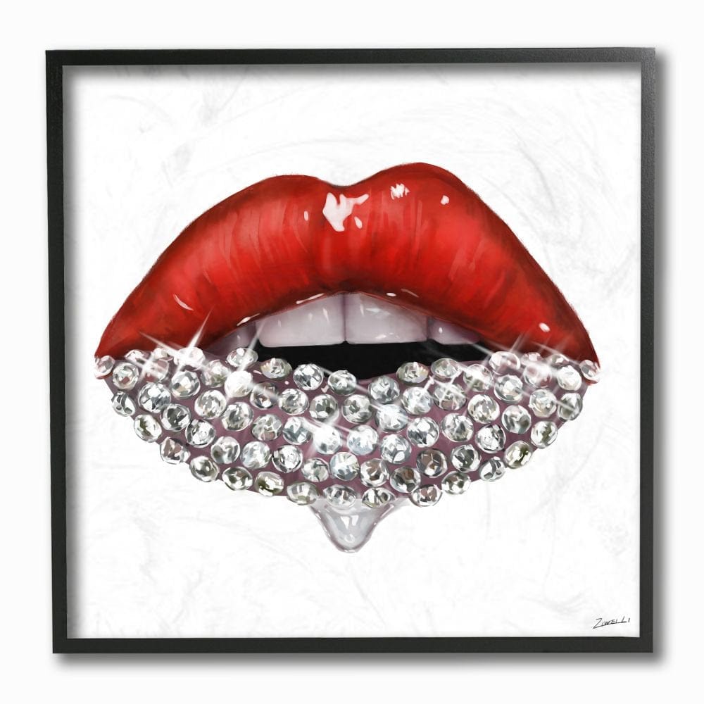 Red Glam Lips with Glistening Cosmetic Stones 12 in X 12 in Framed Painting Art Print, by