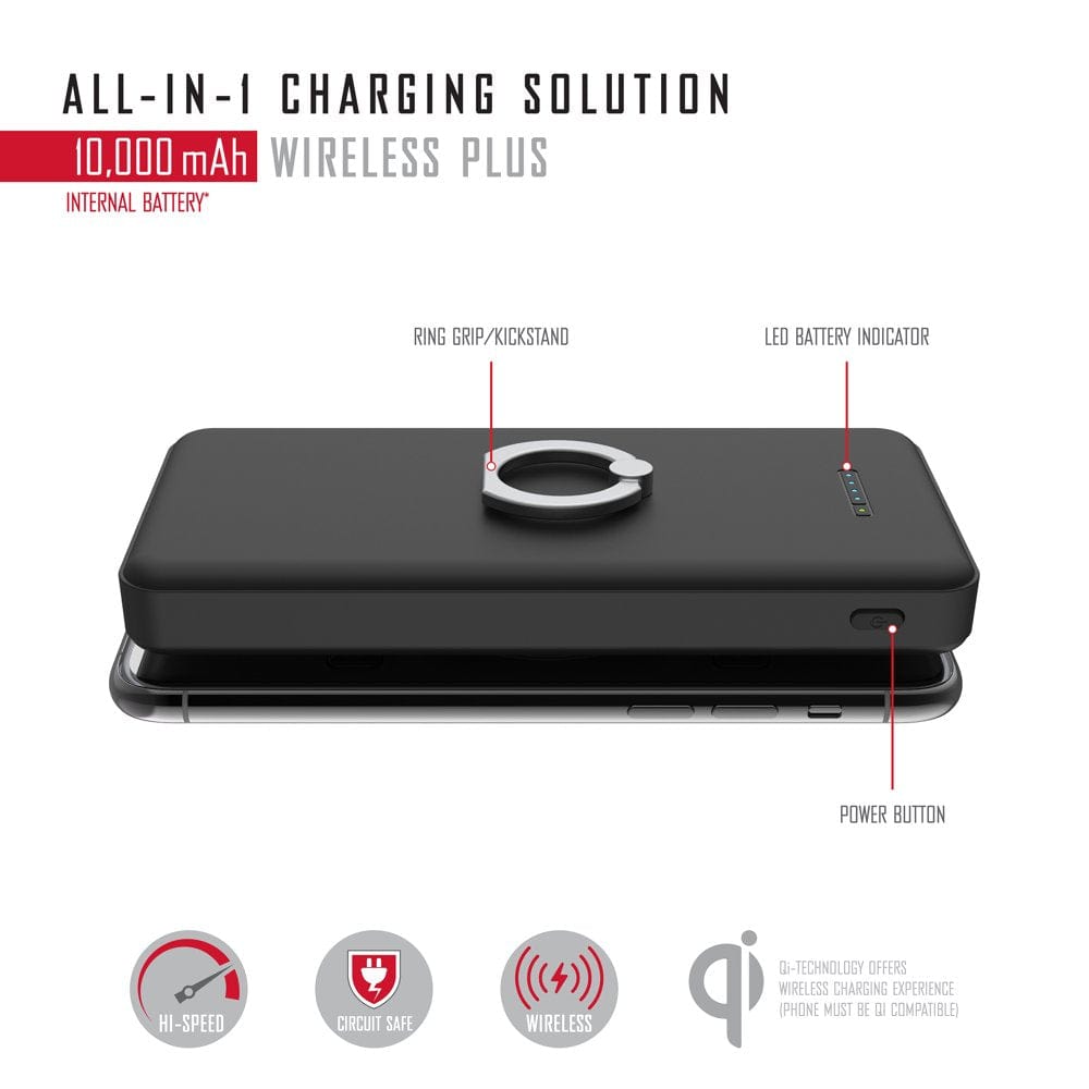 10K Plus, 3-In-1 10,000Mah Portable Charger with High-Speed Wireless Charging, Black